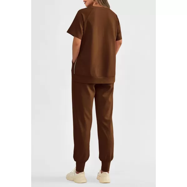 imagePRETTYGARDEN Womens Summer 2 Piece Outfit Tracksuits Casual Short Sleeve Tops High Waisted Sweatpants SetDark Brown