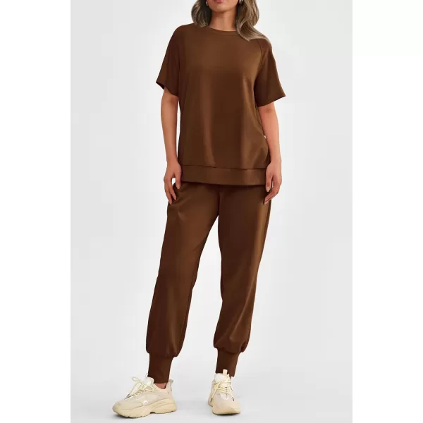 imagePRETTYGARDEN Womens Summer 2 Piece Outfit Tracksuits Casual Short Sleeve Tops High Waisted Sweatpants SetDark Brown
