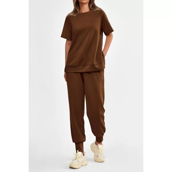 imagePRETTYGARDEN Womens Summer 2 Piece Outfit Tracksuits Casual Short Sleeve Tops High Waisted Sweatpants SetDark Brown