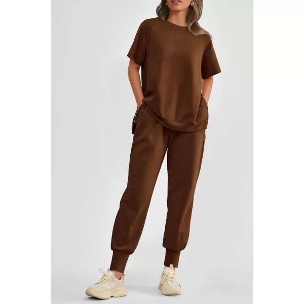 imagePRETTYGARDEN Womens Summer 2 Piece Outfit Tracksuits Casual Short Sleeve Tops High Waisted Sweatpants SetDark Brown