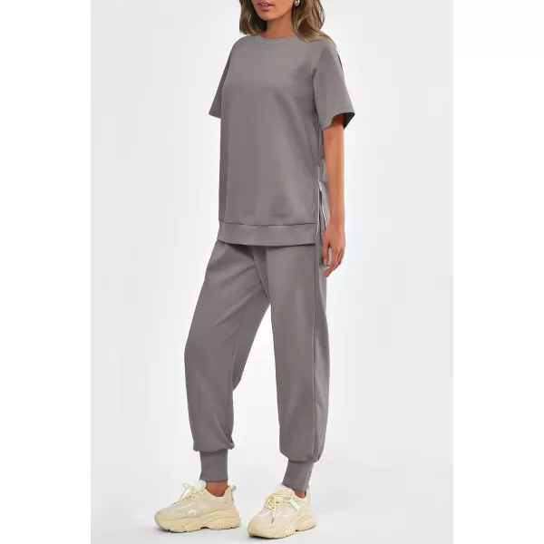 imagePRETTYGARDEN Womens Summer 2 Piece Outfit Tracksuits Casual Short Sleeve Tops High Waisted Sweatpants SetGrey