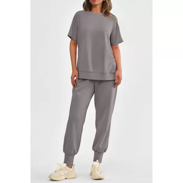 imagePRETTYGARDEN Womens Summer 2 Piece Outfit Tracksuits Casual Short Sleeve Tops High Waisted Sweatpants SetGrey