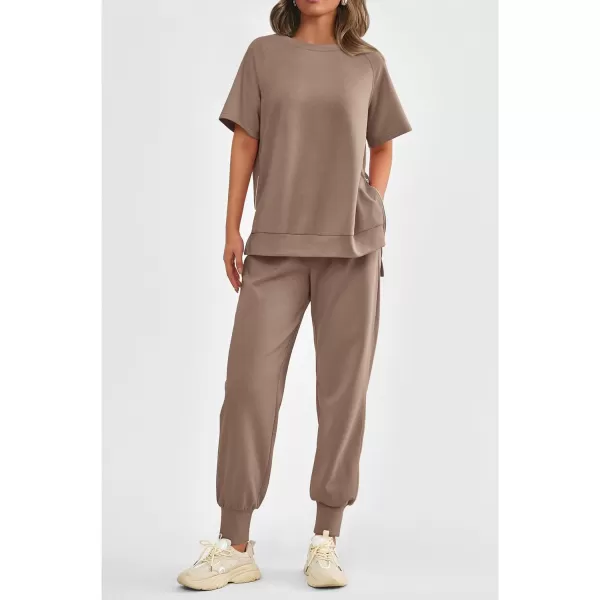 imagePRETTYGARDEN Womens Summer 2 Piece Outfit Tracksuits Casual Short Sleeve Tops High Waisted Sweatpants SetKhaki
