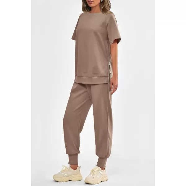 imagePRETTYGARDEN Womens Summer 2 Piece Outfit Tracksuits Casual Short Sleeve Tops High Waisted Sweatpants SetKhaki