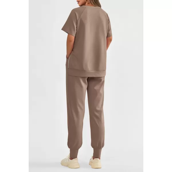 imagePRETTYGARDEN Womens Summer 2 Piece Outfit Tracksuits Casual Short Sleeve Tops High Waisted Sweatpants SetKhaki