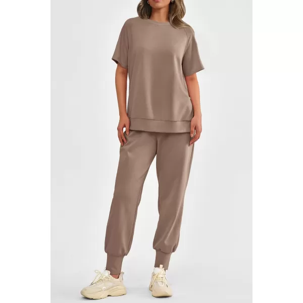 imagePRETTYGARDEN Womens Summer 2 Piece Outfit Tracksuits Casual Short Sleeve Tops High Waisted Sweatpants SetKhaki