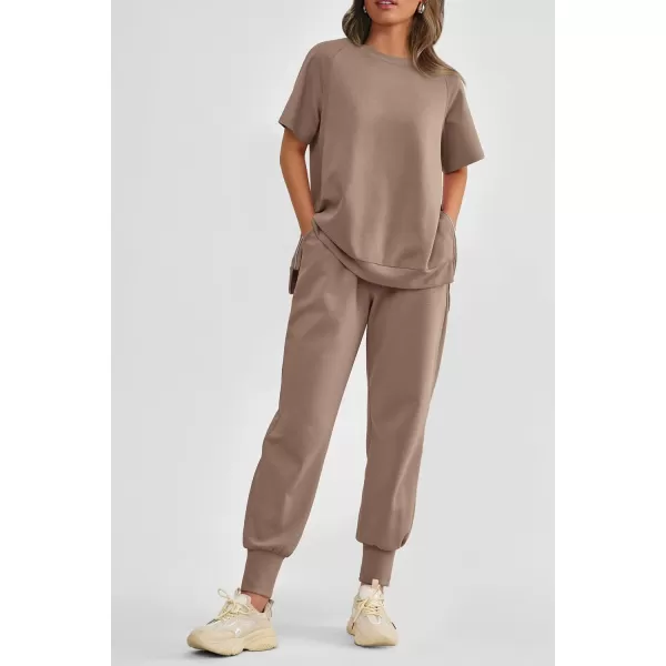 imagePRETTYGARDEN Womens Summer 2 Piece Outfit Tracksuits Casual Short Sleeve Tops High Waisted Sweatpants SetKhaki