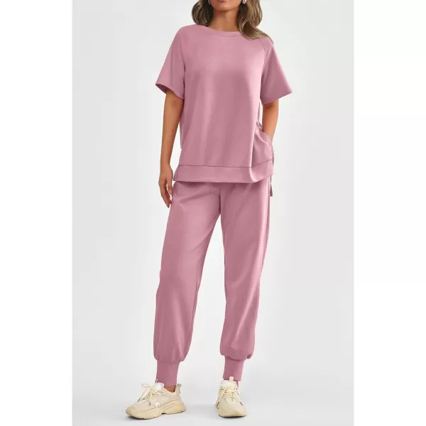 imagePRETTYGARDEN Womens Summer 2 Piece Outfit Tracksuits Casual Short Sleeve Tops High Waisted Sweatpants SetPink