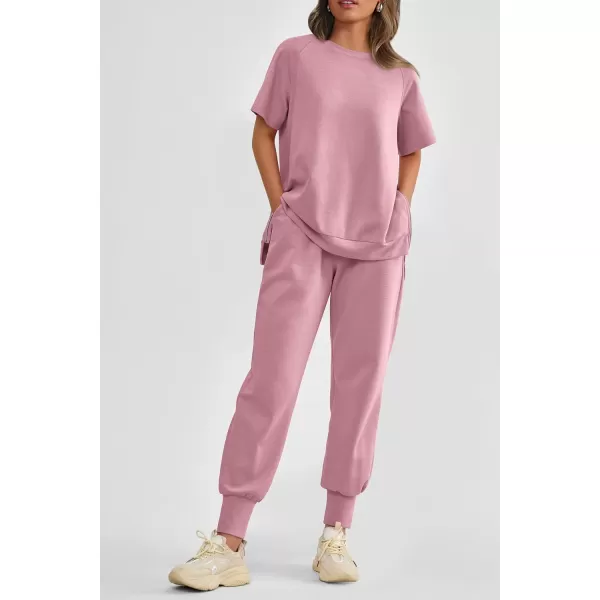 imagePRETTYGARDEN Womens Summer 2 Piece Outfit Tracksuits Casual Short Sleeve Tops High Waisted Sweatpants SetPink
