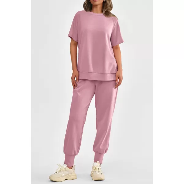 imagePRETTYGARDEN Womens Summer 2 Piece Outfit Tracksuits Casual Short Sleeve Tops High Waisted Sweatpants SetPink