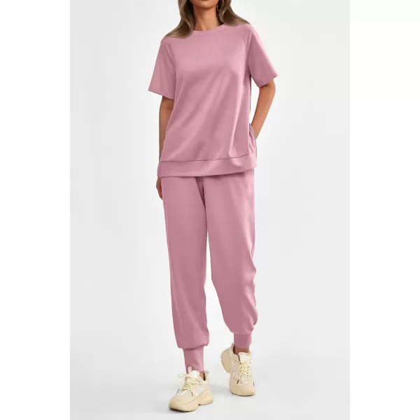 imagePRETTYGARDEN Womens Summer 2 Piece Outfit Tracksuits Casual Short Sleeve Tops High Waisted Sweatpants SetPink
