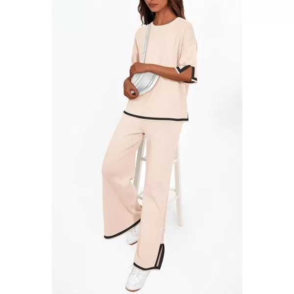 imagePRETTYGARDEN Womens Summer 2 Piece Outfits Casual Short Sleeve Knit Sweater Tops Wide Leg Pants Lounge Sets TracksuitsBeige