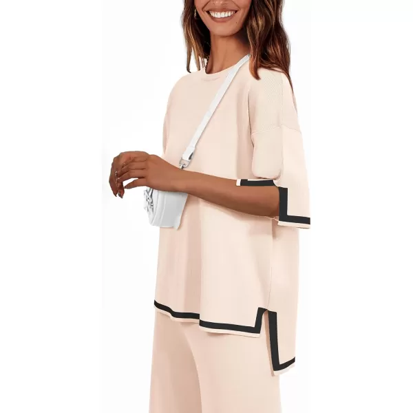 imagePRETTYGARDEN Womens Summer 2 Piece Outfits Casual Short Sleeve Knit Sweater Tops Wide Leg Pants Lounge Sets TracksuitsBeige