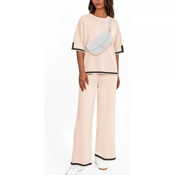 imagePRETTYGARDEN Womens Summer 2 Piece Outfits Casual Short Sleeve Knit Sweater Tops Wide Leg Pants Lounge Sets TracksuitsBeige