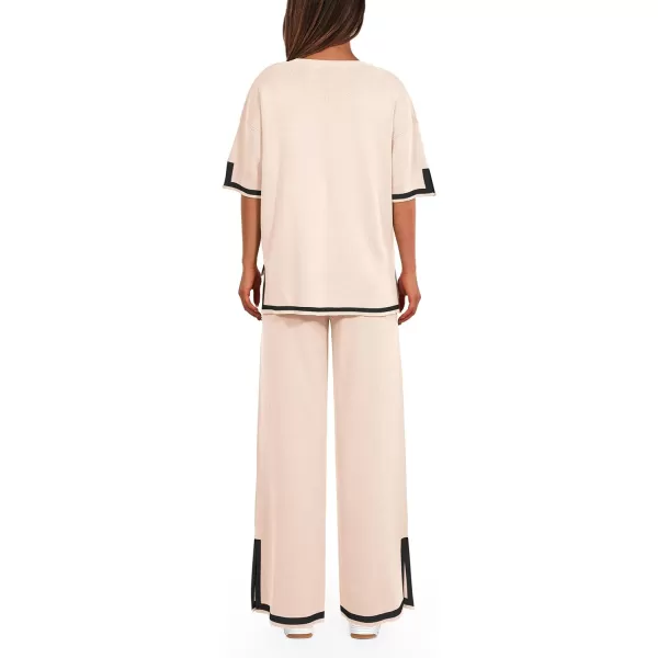 imagePRETTYGARDEN Womens Summer 2 Piece Outfits Casual Short Sleeve Knit Sweater Tops Wide Leg Pants Lounge Sets TracksuitsBeige