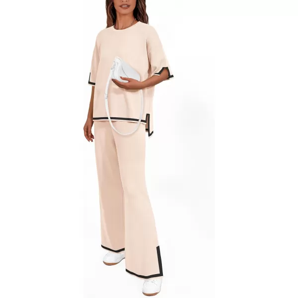imagePRETTYGARDEN Womens Summer 2 Piece Outfits Casual Short Sleeve Knit Sweater Tops Wide Leg Pants Lounge Sets TracksuitsBeige