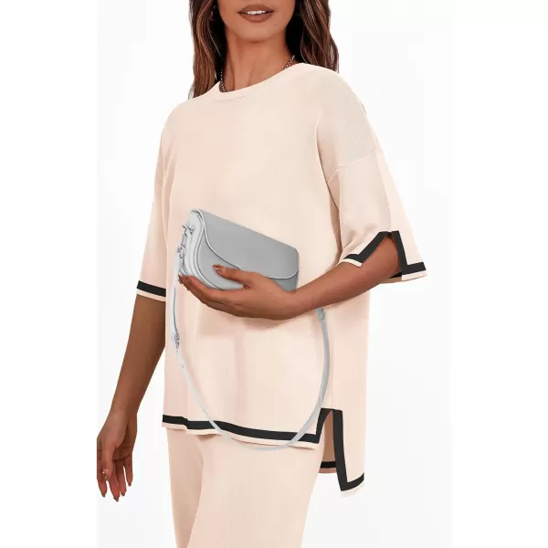 imagePRETTYGARDEN Womens Summer 2 Piece Outfits Casual Short Sleeve Knit Sweater Tops Wide Leg Pants Lounge Sets TracksuitsBeige