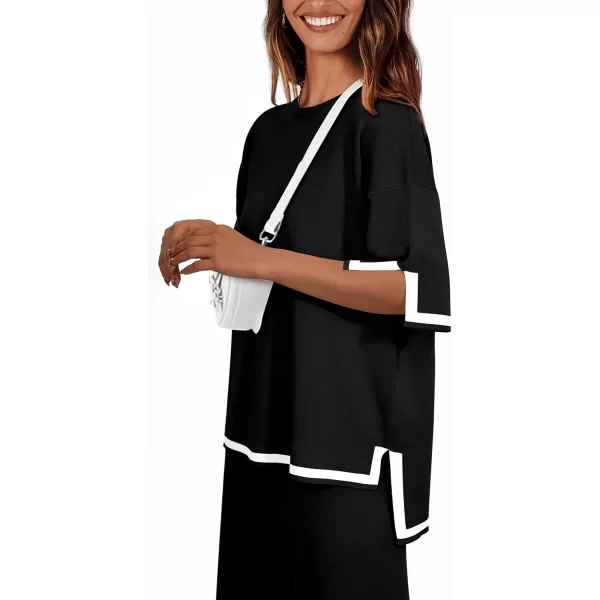 imagePRETTYGARDEN Womens Summer 2 Piece Outfits Casual Short Sleeve Knit Sweater Tops Wide Leg Pants Lounge Sets TracksuitsBlack