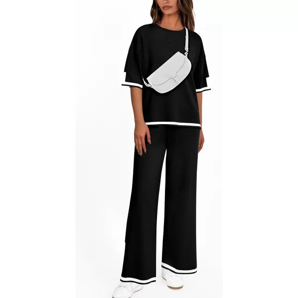 imagePRETTYGARDEN Womens Summer 2 Piece Outfits Casual Short Sleeve Knit Sweater Tops Wide Leg Pants Lounge Sets TracksuitsBlack