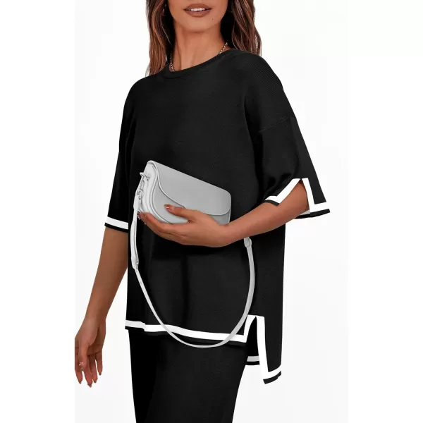 imagePRETTYGARDEN Womens Summer 2 Piece Outfits Casual Short Sleeve Knit Sweater Tops Wide Leg Pants Lounge Sets TracksuitsBlack