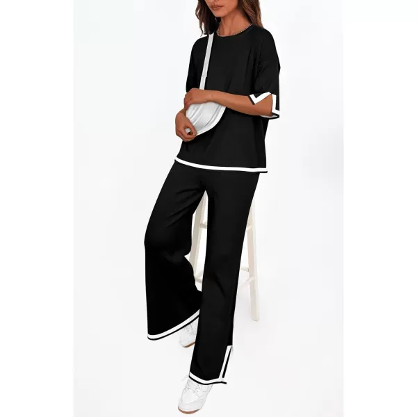 imagePRETTYGARDEN Womens Summer 2 Piece Outfits Casual Short Sleeve Knit Sweater Tops Wide Leg Pants Lounge Sets TracksuitsBlack