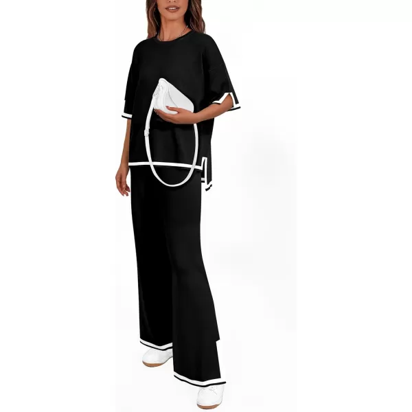 imagePRETTYGARDEN Womens Summer 2 Piece Outfits Casual Short Sleeve Knit Sweater Tops Wide Leg Pants Lounge Sets TracksuitsBlack