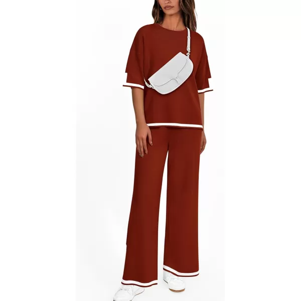 imagePRETTYGARDEN Womens Summer 2 Piece Outfits Casual Short Sleeve Knit Sweater Tops Wide Leg Pants Lounge Sets TracksuitsBrick Red