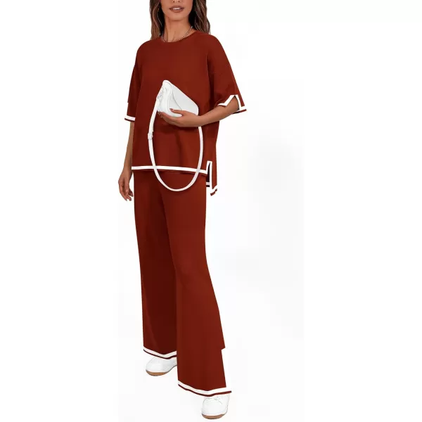 imagePRETTYGARDEN Womens Summer 2 Piece Outfits Casual Short Sleeve Knit Sweater Tops Wide Leg Pants Lounge Sets TracksuitsBrick Red
