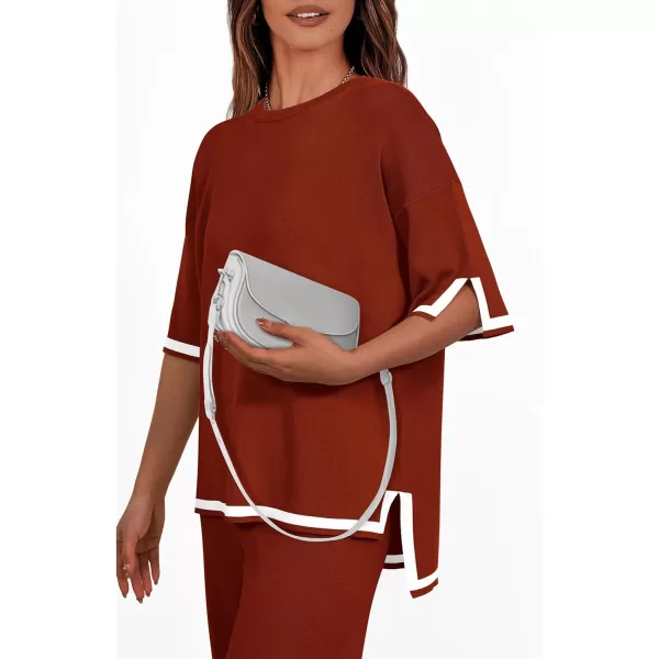 imagePRETTYGARDEN Womens Summer 2 Piece Outfits Casual Short Sleeve Knit Sweater Tops Wide Leg Pants Lounge Sets TracksuitsBrick Red