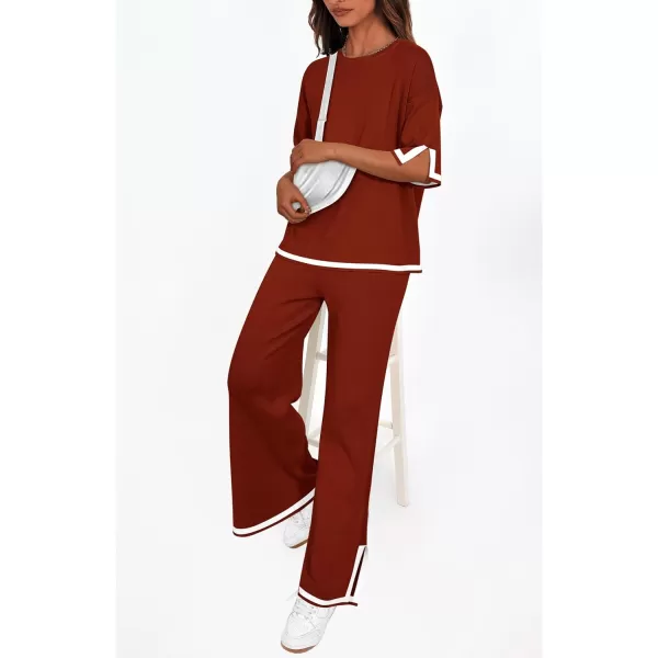 imagePRETTYGARDEN Womens Summer 2 Piece Outfits Casual Short Sleeve Knit Sweater Tops Wide Leg Pants Lounge Sets TracksuitsBrick Red