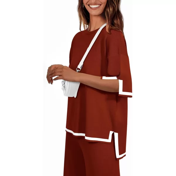 imagePRETTYGARDEN Womens Summer 2 Piece Outfits Casual Short Sleeve Knit Sweater Tops Wide Leg Pants Lounge Sets TracksuitsBrick Red