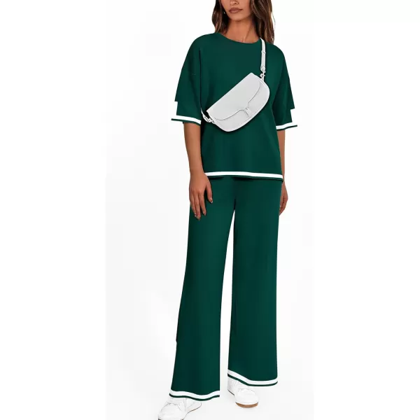 imagePRETTYGARDEN Womens Summer 2 Piece Outfits Casual Short Sleeve Knit Sweater Tops Wide Leg Pants Lounge Sets TracksuitsDark Green