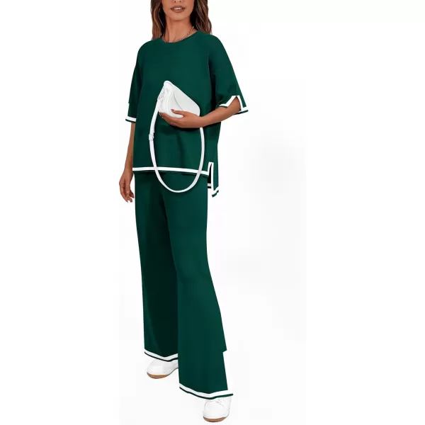 imagePRETTYGARDEN Womens Summer 2 Piece Outfits Casual Short Sleeve Knit Sweater Tops Wide Leg Pants Lounge Sets TracksuitsDark Green