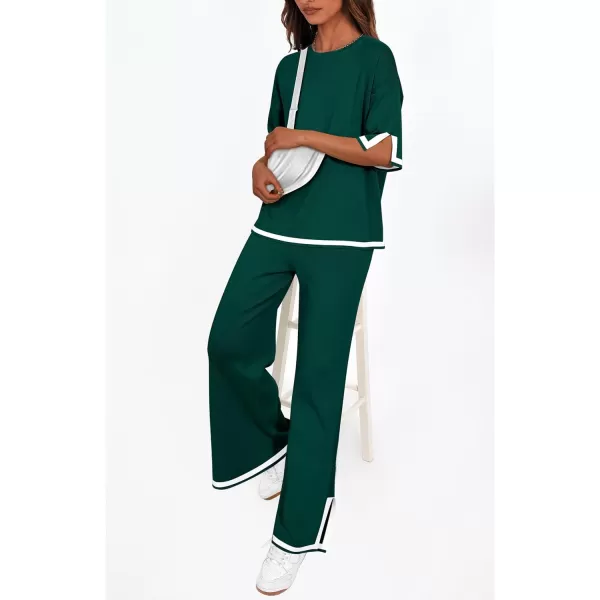 imagePRETTYGARDEN Womens Summer 2 Piece Outfits Casual Short Sleeve Knit Sweater Tops Wide Leg Pants Lounge Sets TracksuitsDark Green