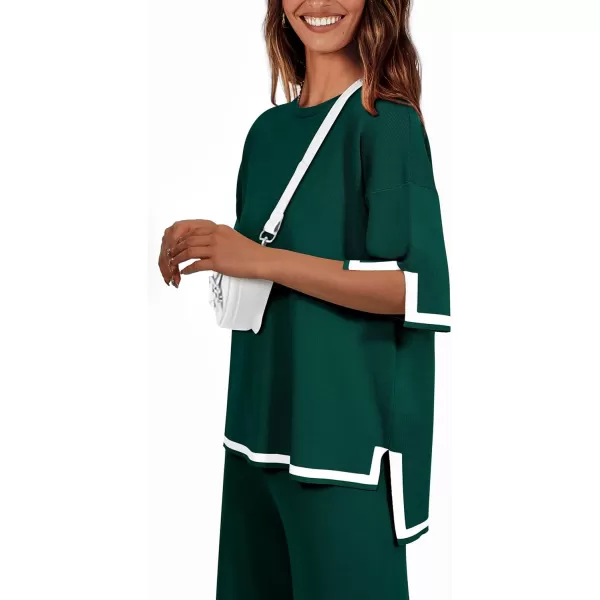 imagePRETTYGARDEN Womens Summer 2 Piece Outfits Casual Short Sleeve Knit Sweater Tops Wide Leg Pants Lounge Sets TracksuitsDark Green