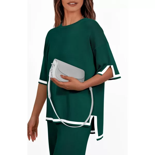 imagePRETTYGARDEN Womens Summer 2 Piece Outfits Casual Short Sleeve Knit Sweater Tops Wide Leg Pants Lounge Sets TracksuitsDark Green