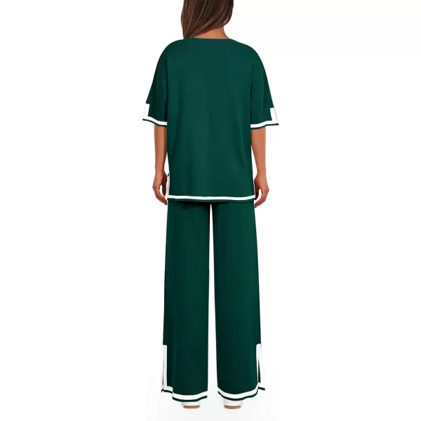imagePRETTYGARDEN Womens Summer 2 Piece Outfits Casual Short Sleeve Knit Sweater Tops Wide Leg Pants Lounge Sets TracksuitsDark Green