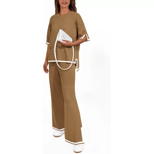 imagePRETTYGARDEN Womens Summer 2 Piece Outfits Casual Short Sleeve Knit Sweater Tops Wide Leg Pants Lounge Sets TracksuitsKhaki