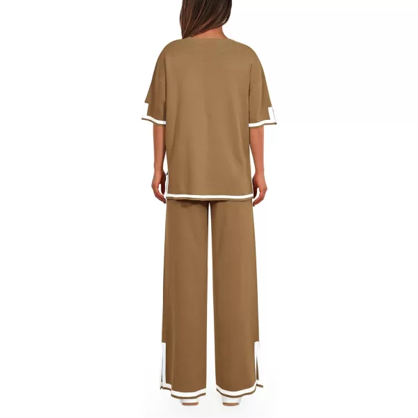 imagePRETTYGARDEN Womens Summer 2 Piece Outfits Casual Short Sleeve Knit Sweater Tops Wide Leg Pants Lounge Sets TracksuitsKhaki