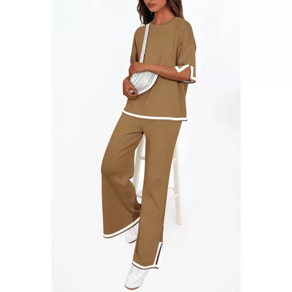 imagePRETTYGARDEN Womens Summer 2 Piece Outfits Casual Short Sleeve Knit Sweater Tops Wide Leg Pants Lounge Sets TracksuitsKhaki
