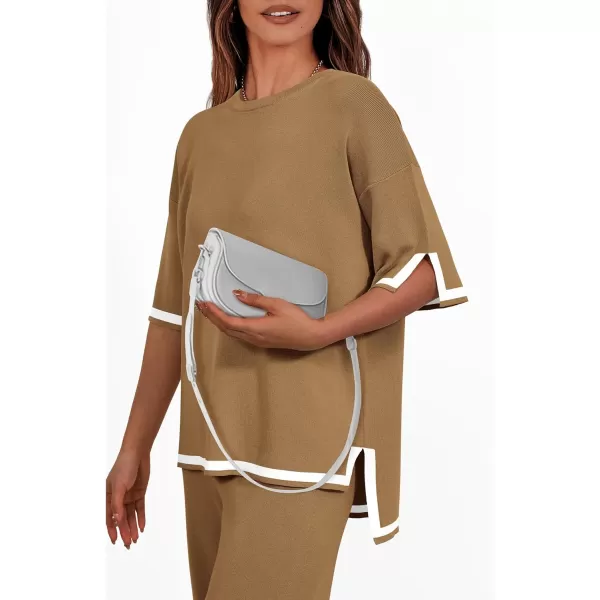 imagePRETTYGARDEN Womens Summer 2 Piece Outfits Casual Short Sleeve Knit Sweater Tops Wide Leg Pants Lounge Sets TracksuitsKhaki