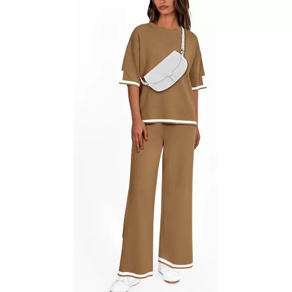 imagePRETTYGARDEN Womens Summer 2 Piece Outfits Casual Short Sleeve Knit Sweater Tops Wide Leg Pants Lounge Sets TracksuitsKhaki