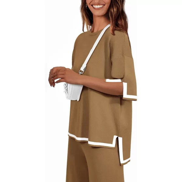 imagePRETTYGARDEN Womens Summer 2 Piece Outfits Casual Short Sleeve Knit Sweater Tops Wide Leg Pants Lounge Sets TracksuitsKhaki