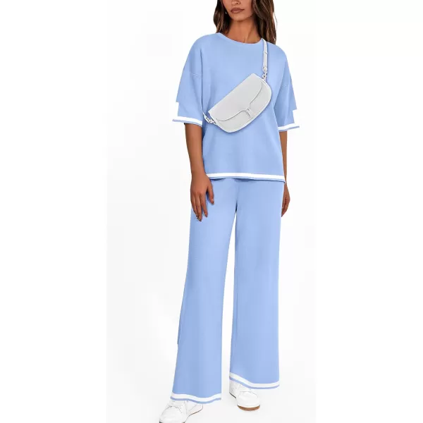 imagePRETTYGARDEN Womens Summer 2 Piece Outfits Casual Short Sleeve Knit Sweater Tops Wide Leg Pants Lounge Sets TracksuitsLight Blue