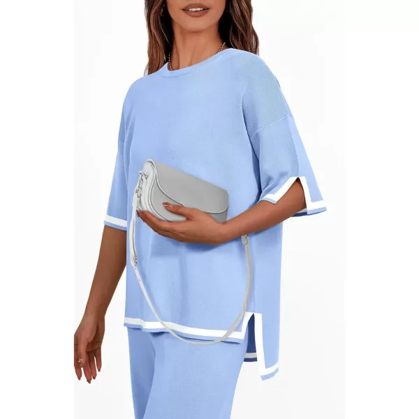 imagePRETTYGARDEN Womens Summer 2 Piece Outfits Casual Short Sleeve Knit Sweater Tops Wide Leg Pants Lounge Sets TracksuitsLight Blue