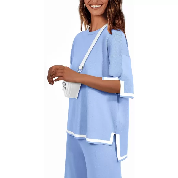 imagePRETTYGARDEN Womens Summer 2 Piece Outfits Casual Short Sleeve Knit Sweater Tops Wide Leg Pants Lounge Sets TracksuitsLight Blue