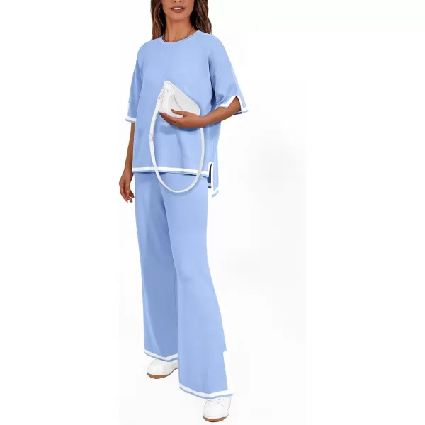 imagePRETTYGARDEN Womens Summer 2 Piece Outfits Casual Short Sleeve Knit Sweater Tops Wide Leg Pants Lounge Sets TracksuitsLight Blue