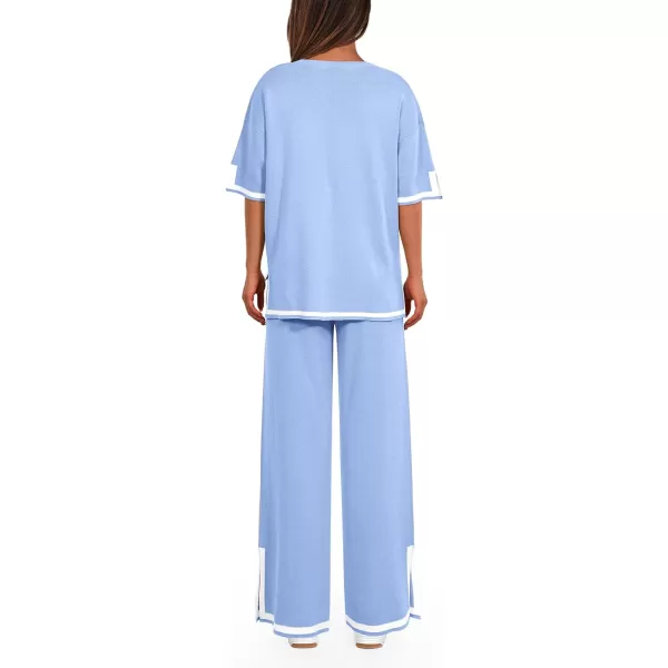 imagePRETTYGARDEN Womens Summer 2 Piece Outfits Casual Short Sleeve Knit Sweater Tops Wide Leg Pants Lounge Sets TracksuitsLight Blue