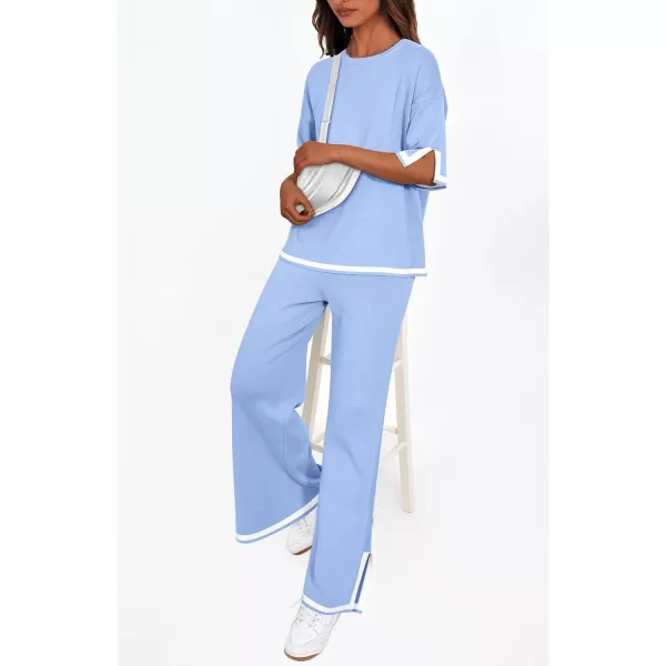 imagePRETTYGARDEN Womens Summer 2 Piece Outfits Casual Short Sleeve Knit Sweater Tops Wide Leg Pants Lounge Sets TracksuitsLight Blue