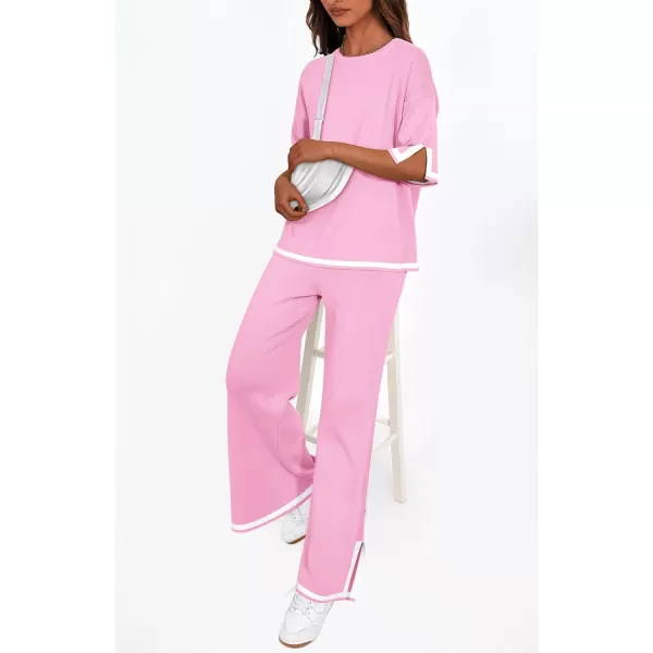 imagePRETTYGARDEN Womens Summer 2 Piece Outfits Casual Short Sleeve Knit Sweater Tops Wide Leg Pants Lounge Sets TracksuitsPink